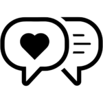 Black outline icon of two conversation bubbles, one with a heart, symbolizing empathy and compassionate communication.