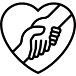 Black outline icon of a hand helping another inside a heart, representing supportiveness and partnership in business services.